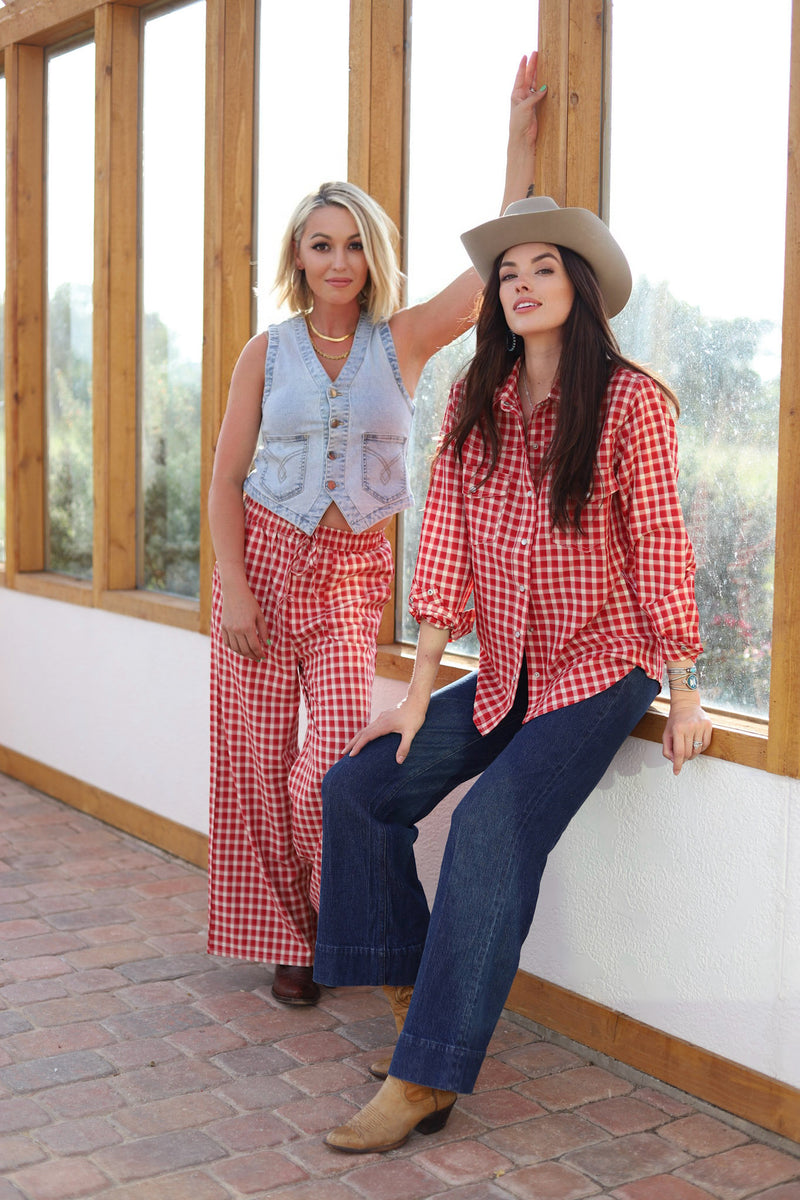 CC11 RED GINGHAM LONG SLEEVE PEARL SNAP