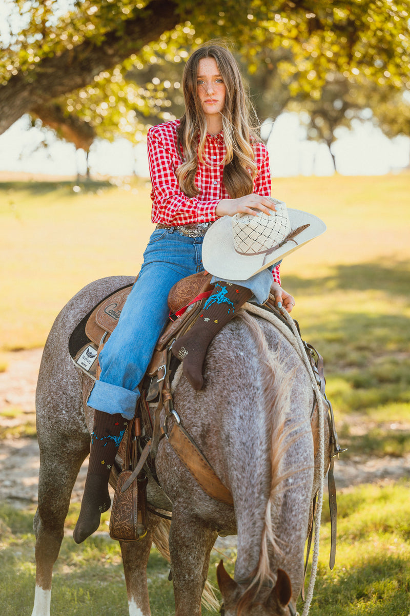 CC11 RED GINGHAM LONG SLEEVE PEARL SNAP