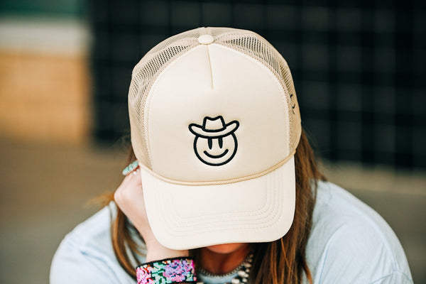 HAPPY COWBOY BLACK ON TAN TRUCKER