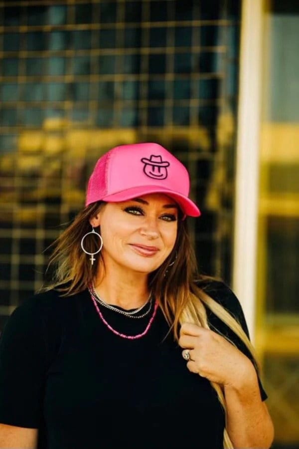 Happy Cowboy Black on Hot Pink Trucker