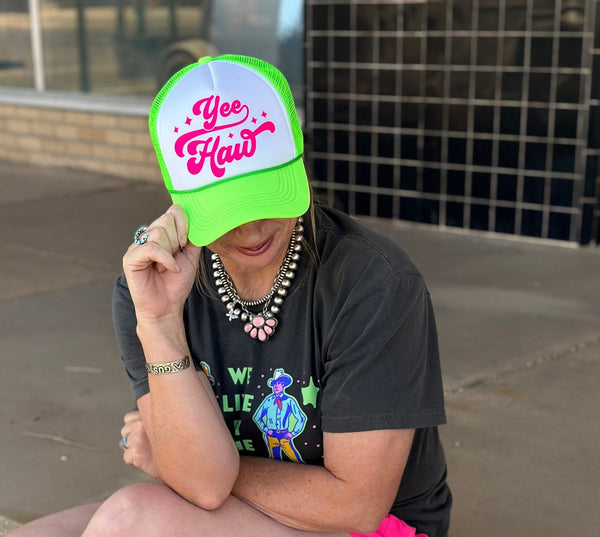 Yeehaw Hot Pink on Neon Green/White Trucker