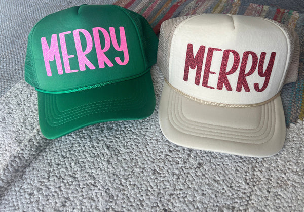 Merry Trucker Hat, Christmas Hat, Santa Hat, Cute Foam Trucker Hat, Glitter Christmas Hat, Holiday Apparel