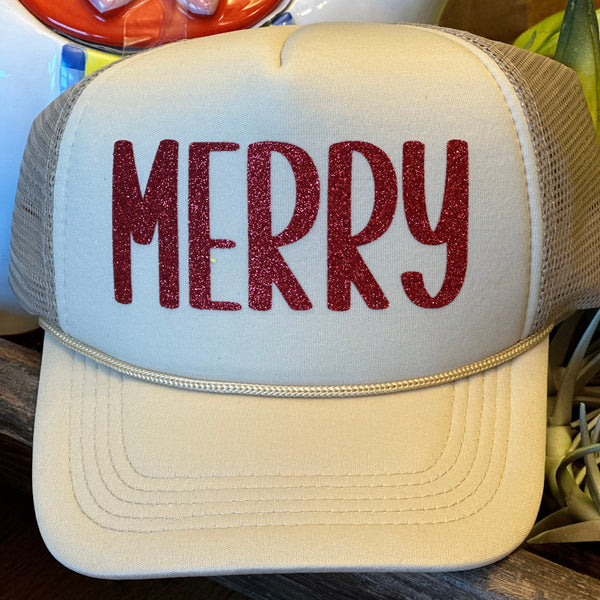 Merry Trucker Hat, Christmas Hat, Santa Hat, Cute Foam Trucker Hat, Glitter Christmas Hat, Holiday Apparel