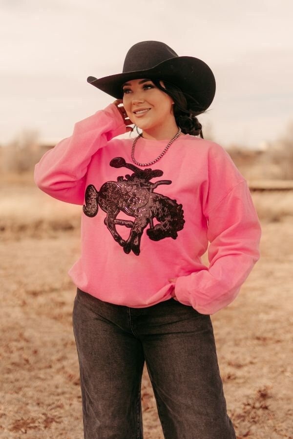 Black Sequin Bronc Neon Pink Sweatshirt