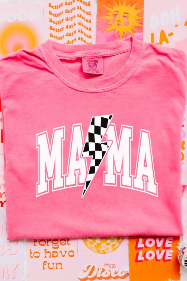 Mama Lightening Bolt Comfort Colors Shirt, Gift for Mom, Mama T-Shirt, Retro Mama T Shirt, Checkered Mom Tshirt, Motherhood tee, Mom Life