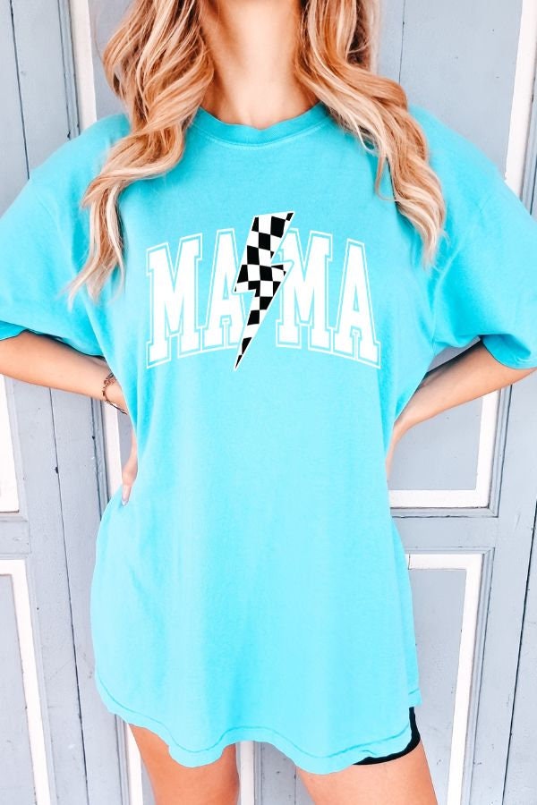 Mama Lightening Bolt Comfort Colors Shirt, Gift for Mom, Mama T-Shirt, Retro Mama T Shirt, Checkered Mom Tshirt, Motherhood tee, Mom Life