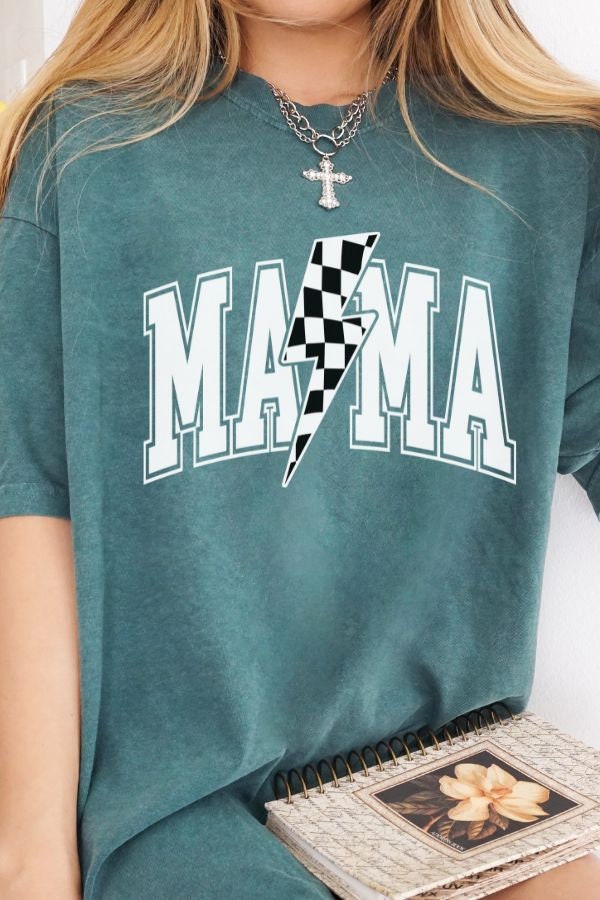 Mama Lightening Bolt Comfort Colors Shirt, Gift for Mom, Mama T-Shirt, Retro Mama T Shirt, Checkered Mom Tshirt, Motherhood tee, Mom Life