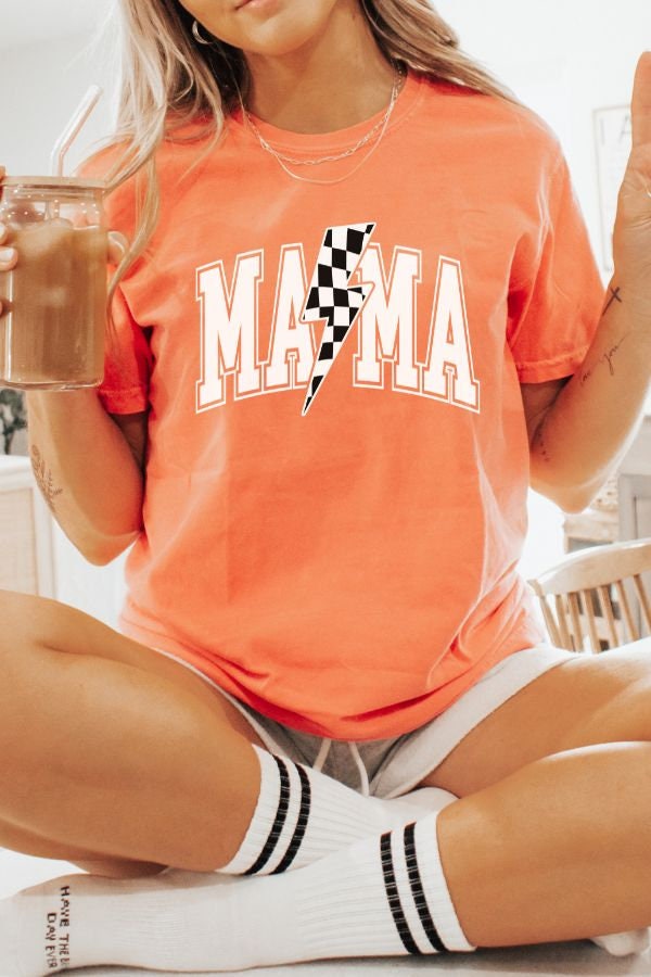 Mama Lightening Bolt Comfort Colors Shirt, Gift for Mom, Mama T-Shirt, Retro Mama T Shirt, Checkered Mom Tshirt, Motherhood tee, Mom Life